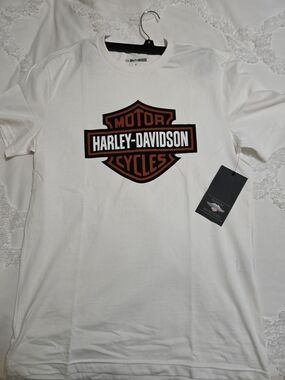 Harley-Davidson White Tee with Orange & Black Shield Logo